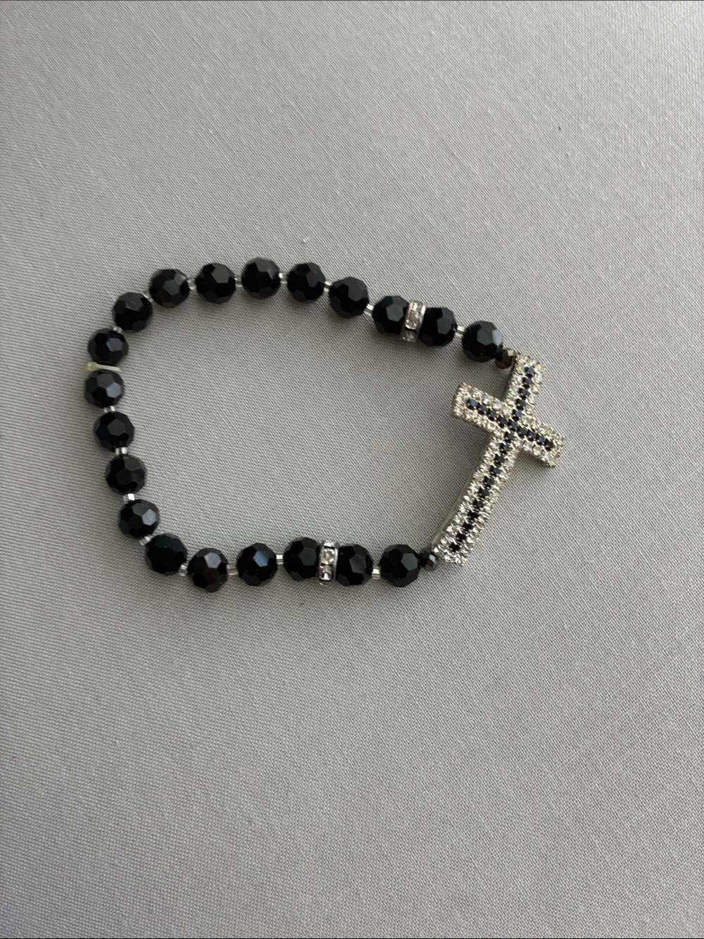 Sterling-Inspired Black Beaded Cross Stretch Bracelet